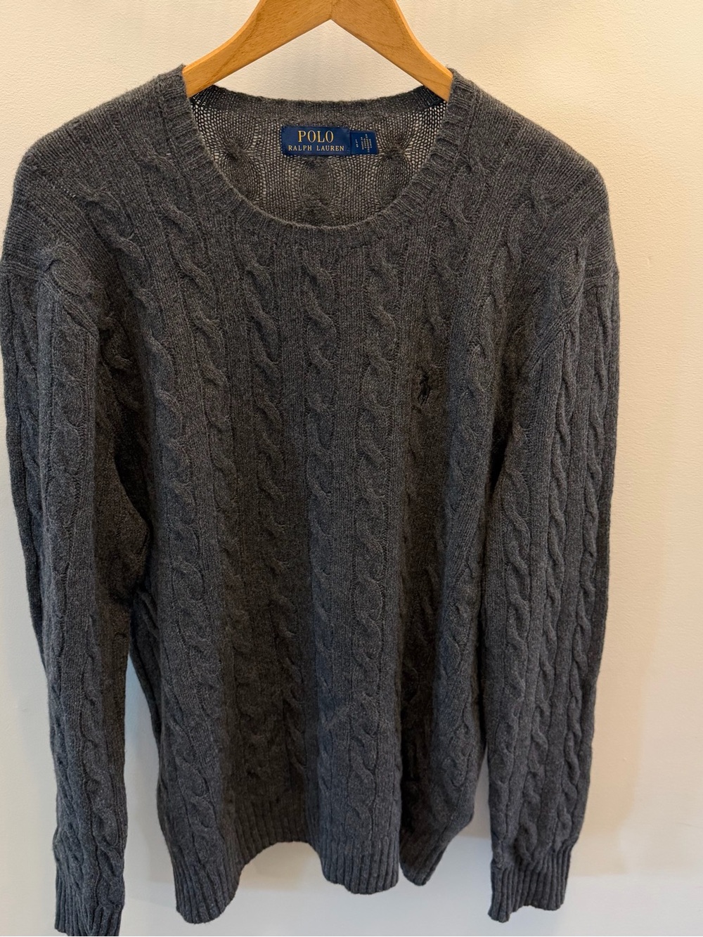 Polo Ralph Lauren Grey Cable Knit Sweater Mens L Cashmere Wool Black Pony Preppy